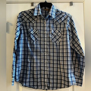 Men’s Wrangler Long Sleeve Blue Plaid Snap Button Western Rodeo shirt. Size L